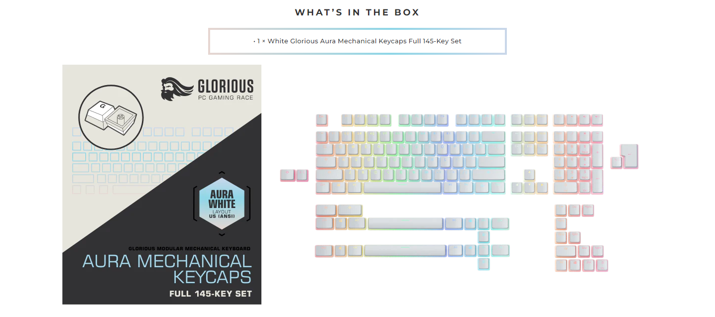 A large marketing image providing additional information about the product Glorious Aura V2 PBT Pudding Keycaps - White - Additional alt info not provided